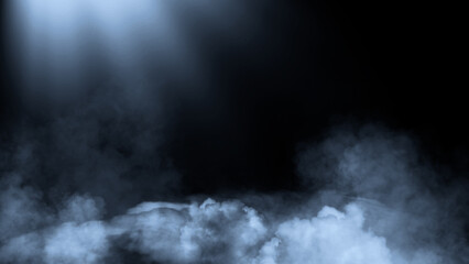 Fototapeta premium Blue divine light through the mistery dark fog, smoke. The rays beam light on the floor. Spotlight he isolated the background.