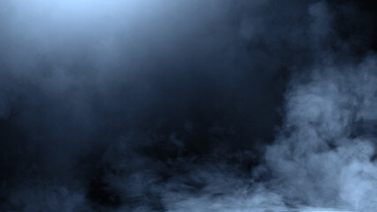 Blue divine light through the mistery dark fog, smoke. The rays beam light on the floor. Spotlight he isolated the background.
