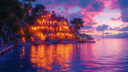 Naklejka premium Vibrant sunset over seaside mansion