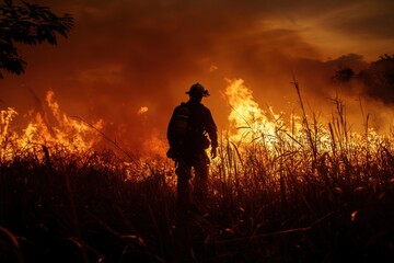 Firefighter standing in silhouette against dramatic wildfire flames and smoky background