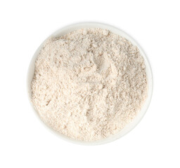 Brown rice flour in bowl isolated on white, top view