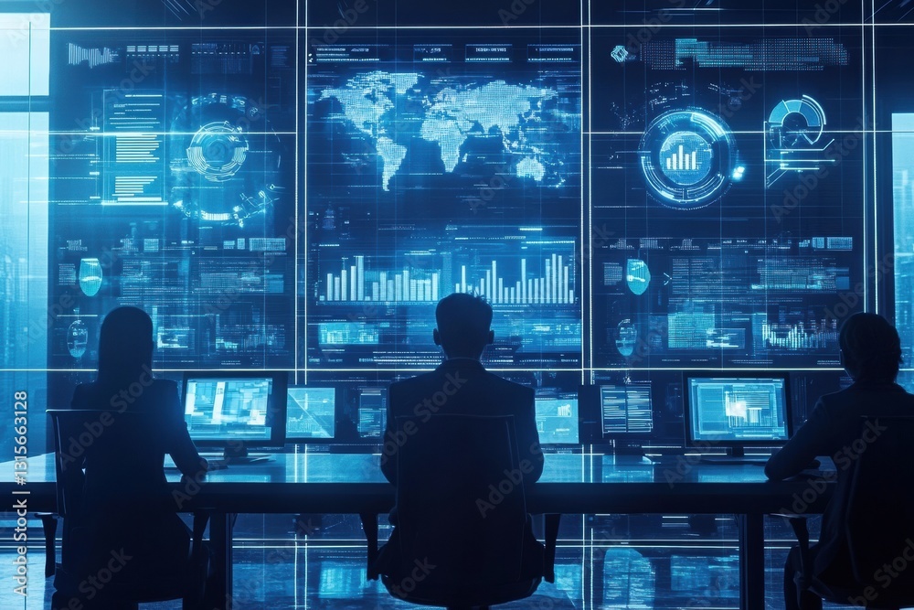 Aufkleber Virtual conference room with avatars engaged in collaborative business meetings displaying complex data visualizations and analytics trends