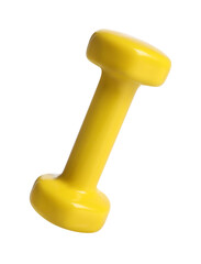 One yellow dumbbell isolated on white. Sports equipment