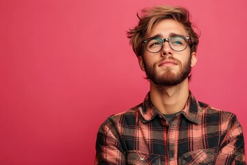 Obraz premium Young man poses confidently against pink backdrop