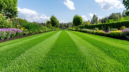 Striped Green Lawn and Vibrant Flowerbeds on a Sunny Day