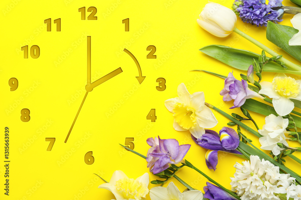 Poster clock and flowers on yellow background, top view. arrow showing time change one hour ahead in spring