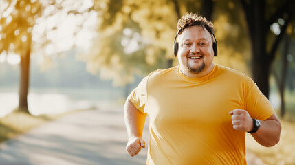 Smiling overweight man wearing yellow t-shirt and headphones jogging to lose weight and maintain healthy lifestyle outdoors in summer. Striving for positive changes in life.