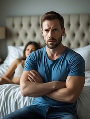 Serious young man sitting on bed with arms crossed, looking upset while woman in background appears distant, portraying relationship tension, conflict, and emotional disconnect

