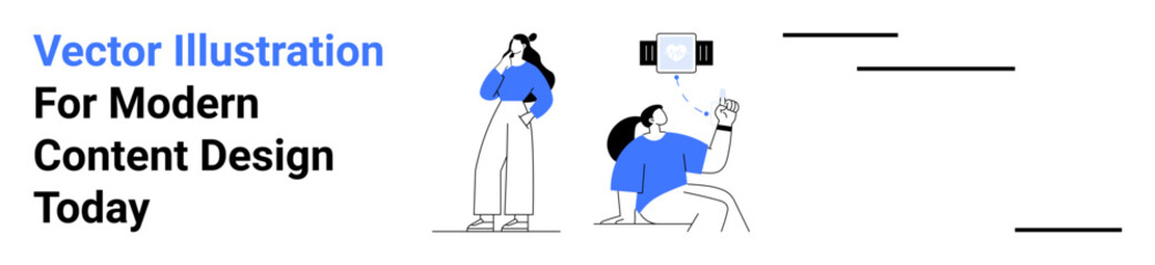 Woman thinking and teammate analyzing digital screen, both in blue minimal style. Ideal for teamwork, innovation, brainstorming, content creation, design thinking, collaboration, flat landing page