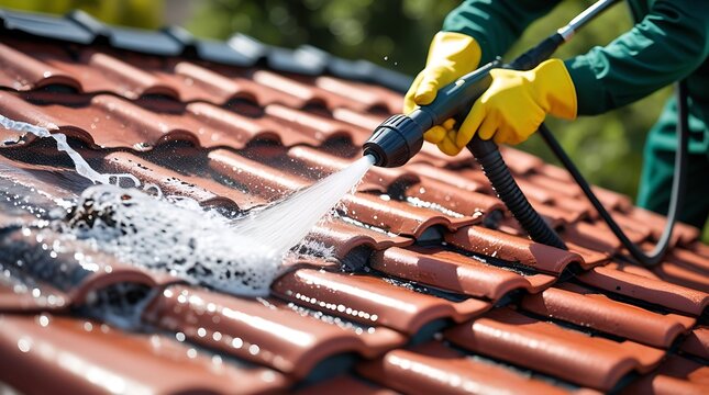 Professional roof cleaning with high pressure water jet on red ceramic tiles by a worker in safety gloves and uniform, concept of maintenance, home care, and cleanliness

