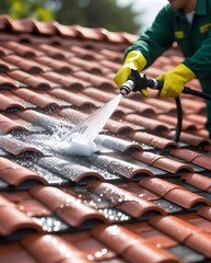 Professional roof cleaning with high pressure water jet on red ceramic tiles by a worker in safety gloves and uniform, concept of maintenance, home care, and cleanliness

