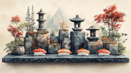 Fototapeta premium Serene Japanese Garden Still Life with Fresh Salmon Sushi on a Slate Shelf, Featuring Miniature Stone Lanterns and Bonsai Trees, Artistic Digital Painting