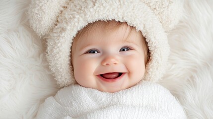 Happy Baby Girl in White Knit Hat  Soft Fur Blanket