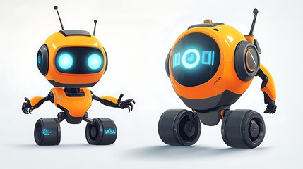 Fototapeta premium Two friendly, cartoonish robots with glowing features and wheels, designed for interaction.