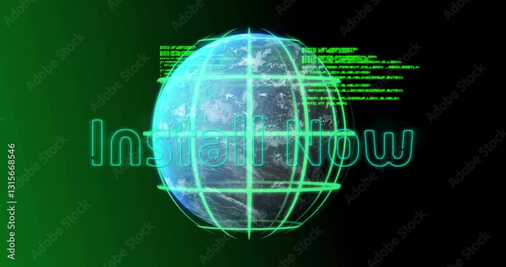 Poster green digital code overlay with glowing globe and install now text in animation