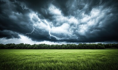 Lightning storm over green field, dramatic sky, nature, weather, background image