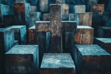 Cross amid stone blocks in a somber setting