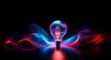 Illuminated light bulb emits vibrant waves of blue and red energy in a dark space. The glowing bulb symbolizes ideas and innovation, standing out against the black backdrop.