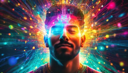 Vibrant explosion depiction human mind bursting with spectrums. creative thoughts ideas illuminating. mindfulness concept. creative art. nebula background.
