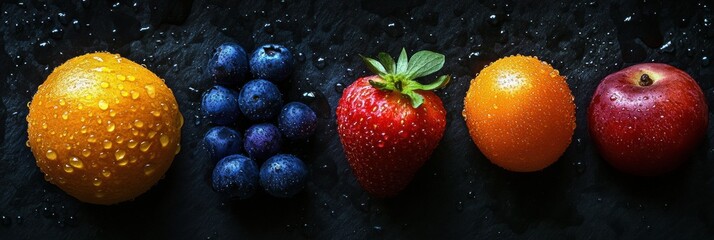 Fresh fruits arranged with water droplets against a dark background for a vibrant display of color and texture. Generative AI