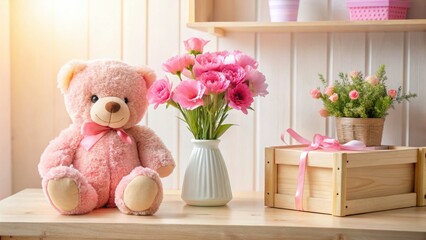 Cozy Nursery Decor with a Pink Teddy Bear and Floral Accents