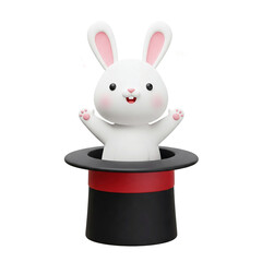 Collection of Isolated Cheerful 3D White Rabbit Characters Popping out of a Classic Magician's Hat