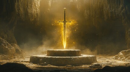 A legendary sword floating above an ancient stone altar, radiating divine energy