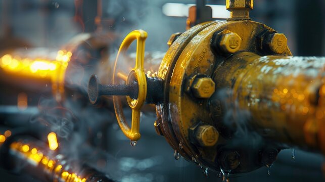 Gas pipe with open yellow valve and burning burner showcasing natural gas usage in industrial setting