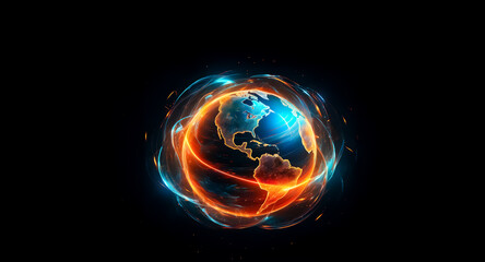 Fototapeta premium A vibrant globe of Earth is encircled by dynamic, glowing energy streams in blue and orange hues. The planet stands out against a stark black background.