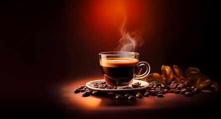 A steaming cup of dark coffee with visible vapor stands on a saucer, surrounded by scattered coffee beans. Warm light illuminates the scene against a dark backdrop.