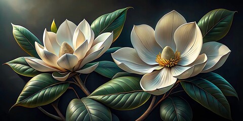 Obraz premium Elegant Magnolia Flowers on Dark Background - Botanical Illustration, High Depth of Field, Nature Art, Floral Design, Green Leaves, Detailed Drawing, Fine Art, Home Decor