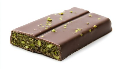 A premium milk chocolate bar with a luscious pistachio paste filling and crunchy kataifi, elegantly styled with a slight break to expose the textures. 