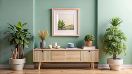 Elegant Wood Frame Photo Mockup on Sideboard in Pastel Color Room for Stylish Home Decor
