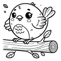 Adorable cartoon bird sitting on a tree branch, black and white line art perfect for coloring pages, children’s books, or playful animal illustrations.