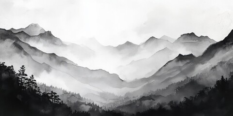 Serene Black and White Ink Wash Mountain Landscape Painting
