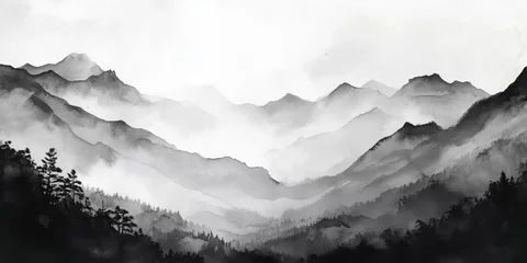 Gardinen Serene Black and White Ink Wash Mountain Landscape Painting © Farzana