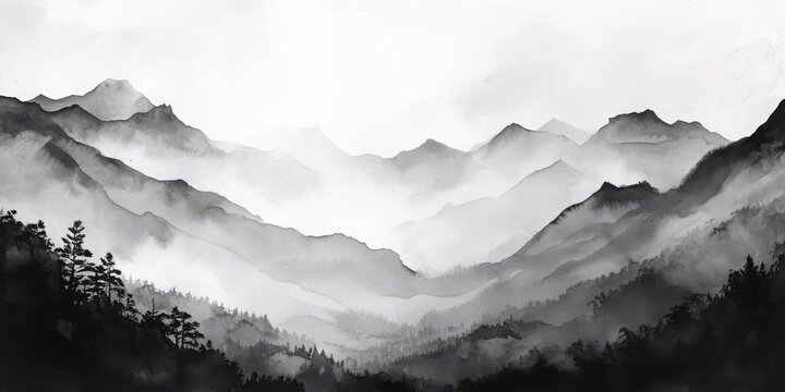 Serene Black and White Ink Wash Mountain Landscape Painting - Powered by Adobe