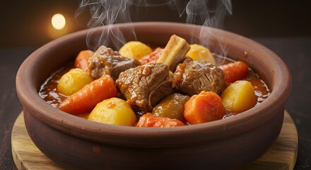 Delicious beef stew with potatoes carrots and herbs in clay pot red hot food meal warm meat dish rich