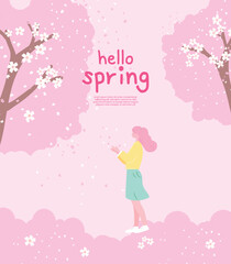 Woman holding falling flower petals in her hands hello spring background