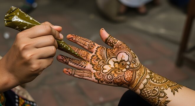 Intricate henna tattoo design applied to hand artistic body art brown craft style image woman hands