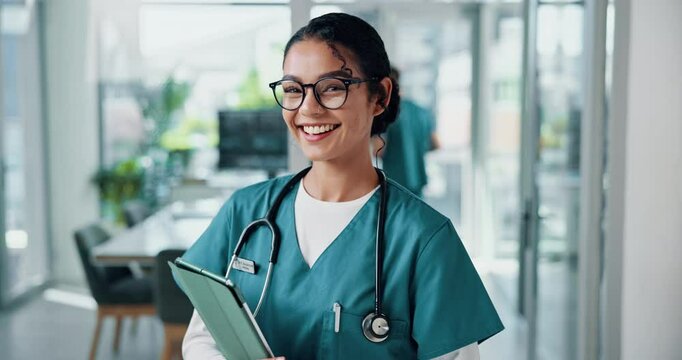 Face, nurse and happy woman with tablet for healthcare service, telehealth or wellness. Medical professional, technology and portrait of worker with glasses, help or cardiology intern in clinic