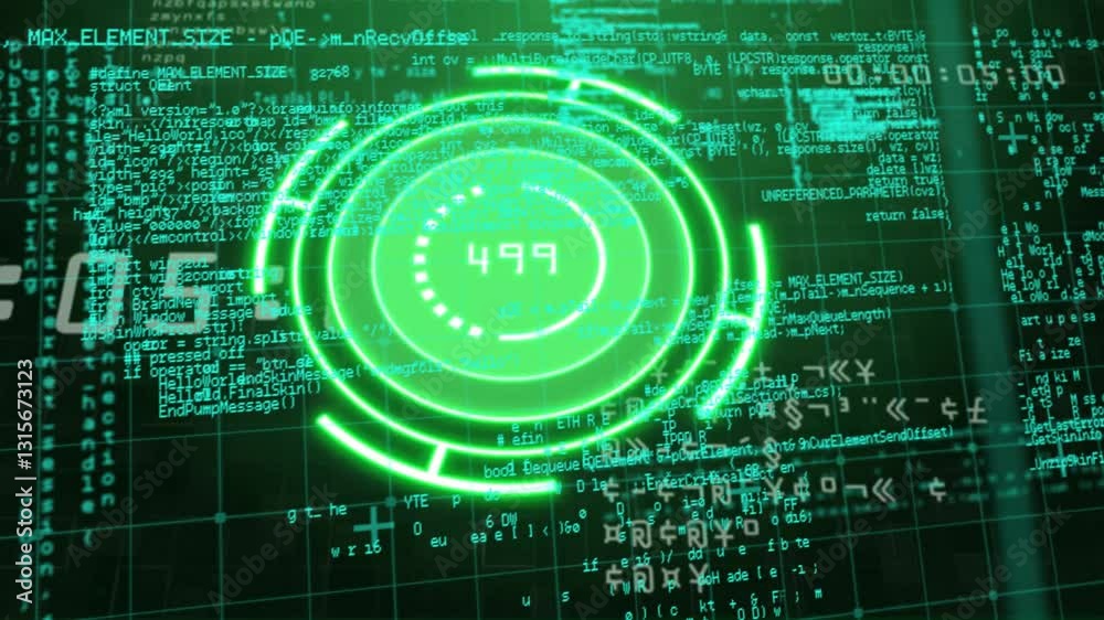 Poster digital interface glowing green with circular patterns and scattered code animation