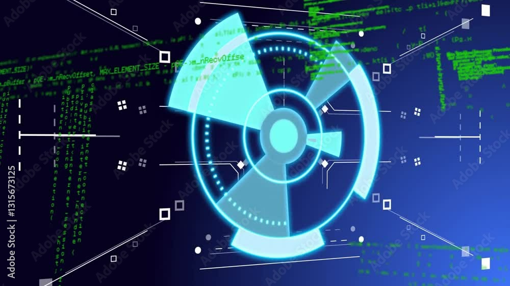 Poster rotating elements and green code lines in futuristic digital animation interface
