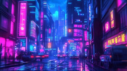 A vibrant, neon-lit cityscape reflecting a futuristic urban environment at night.