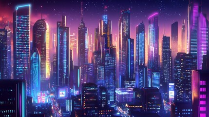 Obraz premium A vibrant, futuristic cityscape illuminated by neon lights and a starry sky.
