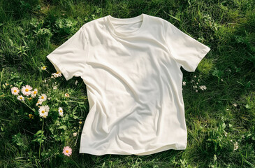 Mockup of blank white t-shirt lying on green grass with wild flowers in field on spring or summer day. White cotton clothes for branding, design or logo placement, shot from top angle, copy space.