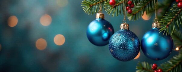 Hanging blue glass ornaments with pinecones and berries, holiday, decoration, winter