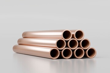 3d Realistic Copper pipes stack, round straight aluminum, hollow cylinder steel metal or pvc plumbing, glossy bronze tube set. Industrial pieces, iron for conducting on white background. 3d render.