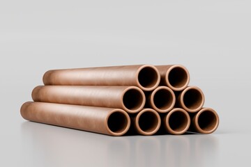 3d Realistic Copper pipes stack, round straight aluminum, hollow cylinder steel metal or pvc plumbing, glossy bronze tube set. Industrial pieces, iron for conducting on white background. 3d render.