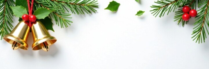 Hanging gold bells and mistletoe on a plain white background with scattered holly leaves , mistletoe, leaves, gold